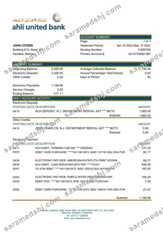 Bahrain Ahli United Bank statement